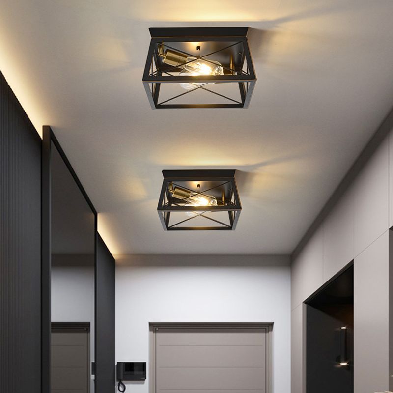 2-Lights Industrial Style Ceiling Light Rectangle Iron Cage Design Retro Flush Mount Lamp in Black