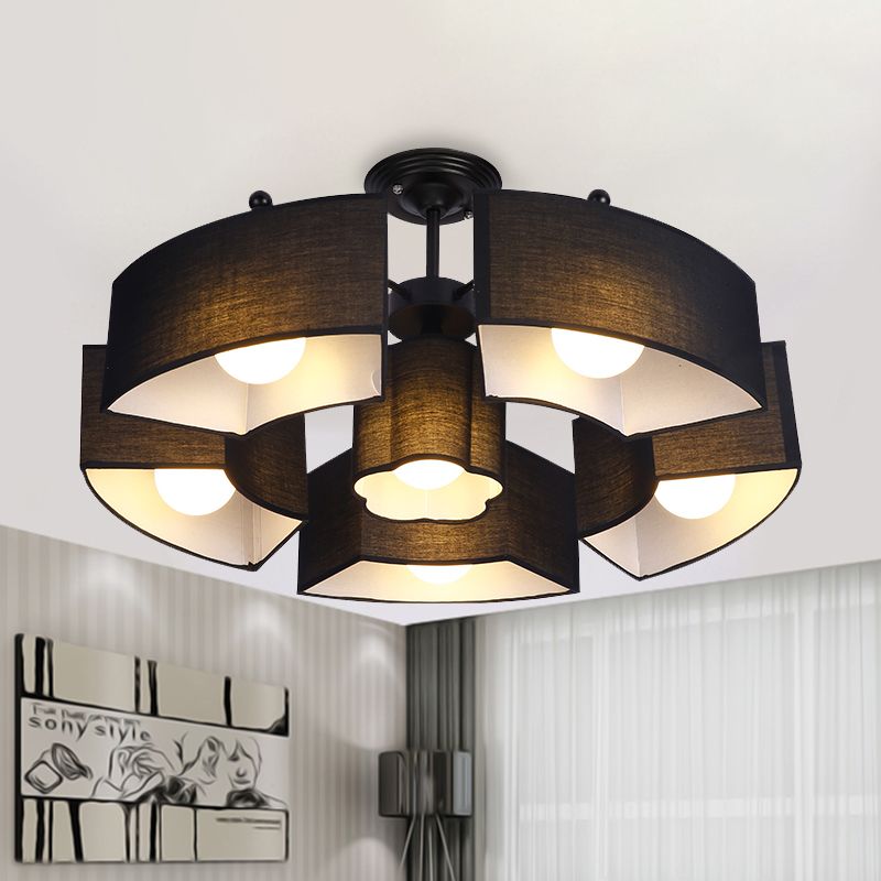 Black/White Curved Block Flushmount Contemporary 6 Heads Fabric Semi Mount Lighting for Living Room