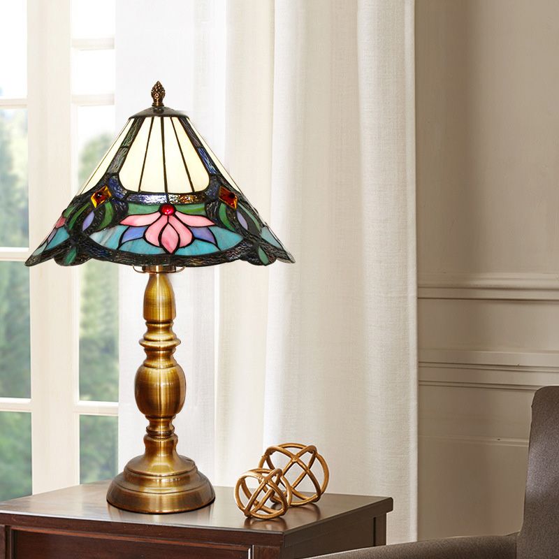 1-Light Table Light Baroque Conical Hand Cut Glass Lotus Patterned Desk Lighting in Brushed Brass