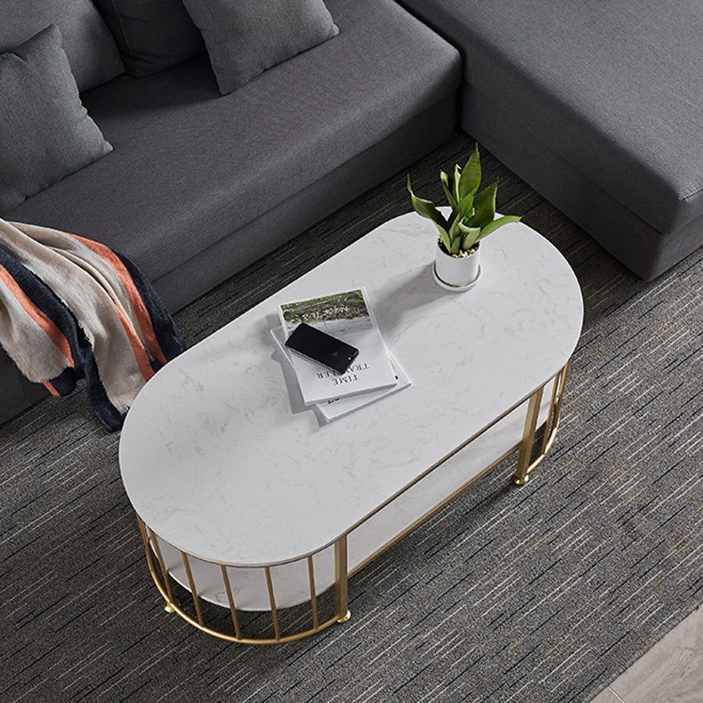 Glam Style Oval Coffee Table with Marble Top and 1 Shelf in White