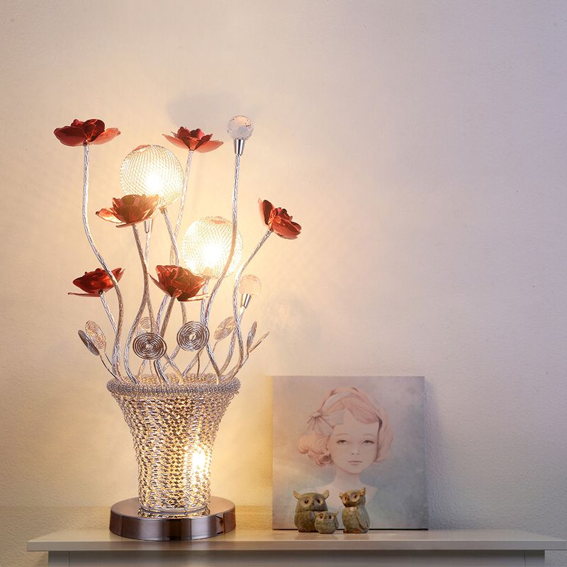 Basket-like aluminium Desk Art Art Decor LED Vine Vine Vine Night Table Lampe avec fleur et décoration orbe en or / argent