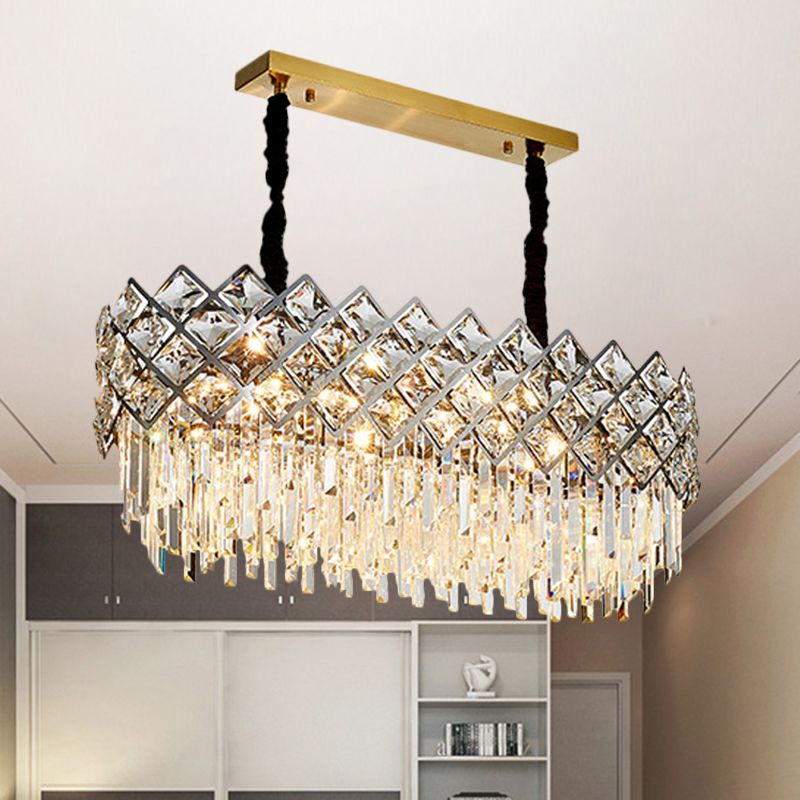 Contemporary Oval Shape Island Light Fixture 10 Bulbs Clear Crystal Prisms Ceiling Suspension Lamp