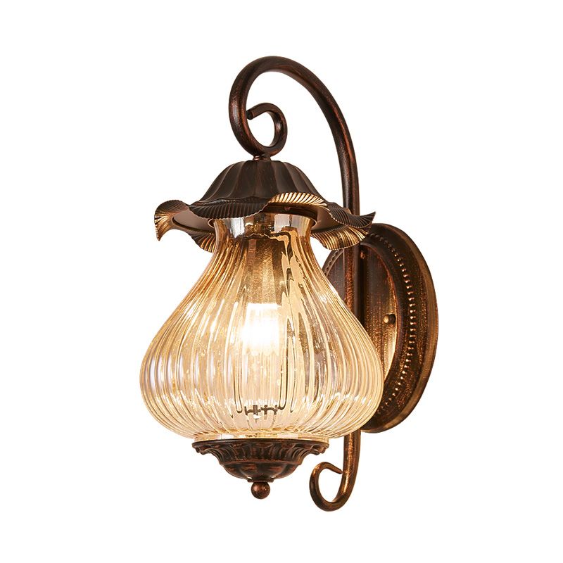 1 Light Pressed Ribbed Glass Wall Sconce Light Industrial Black Lantern Bedroom Lighting Fixture in Weathered Copper
