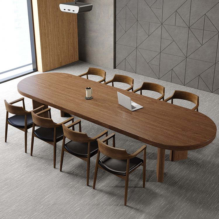 Solid Wood Top Dining Table Modern Oval Table with 4 Legs in Brown