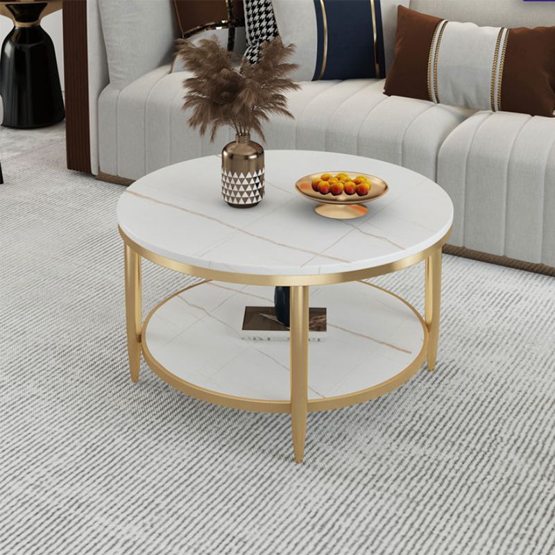 Glam Style Round Slate Table Plate Metal 4 Leg Base with Storage Rack Coffee Table