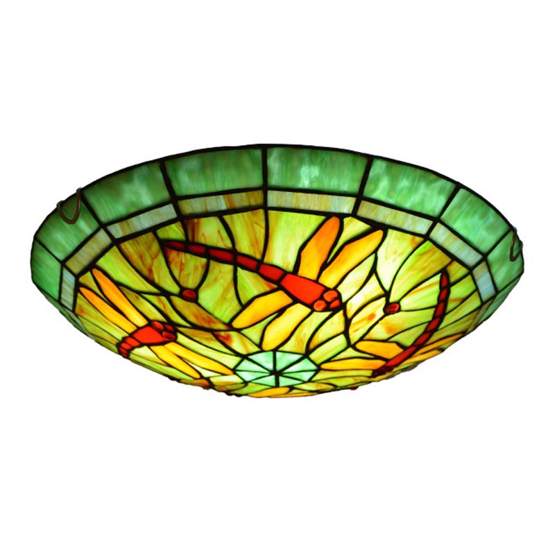 Bowl Flush-Mount Ceiling Light Tiffany Handcrafted Art Glass Flushmount Lamp in Green