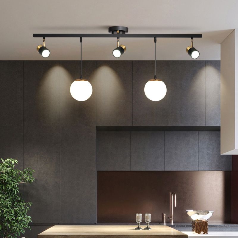Blown Glass Globe Island Light Modern 5 Heads Black Pendant Spotlight for Dining Room
