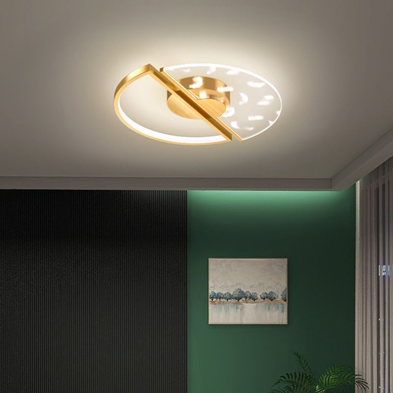 Gold Feather LED Flush Mount in Modern Creative Style Iron Circular Ceiling Light with Acrylic Shade