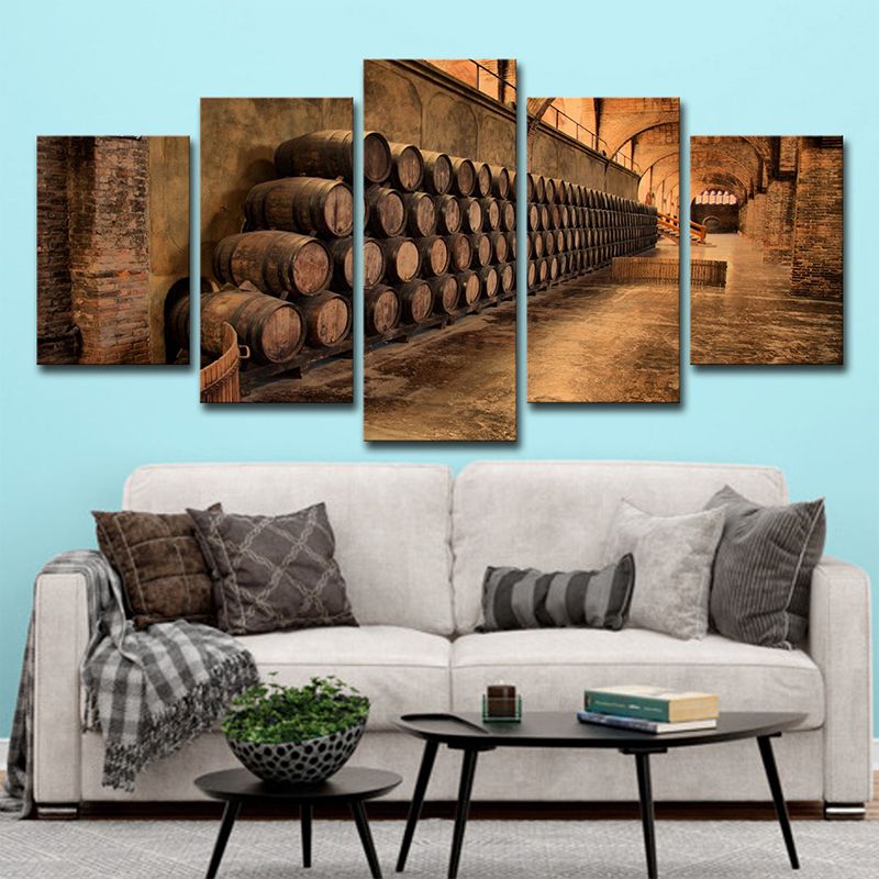 Modern Stacked Wine Barrels Art Print Brown Multi-Piece Wall Decoration for Kitchen