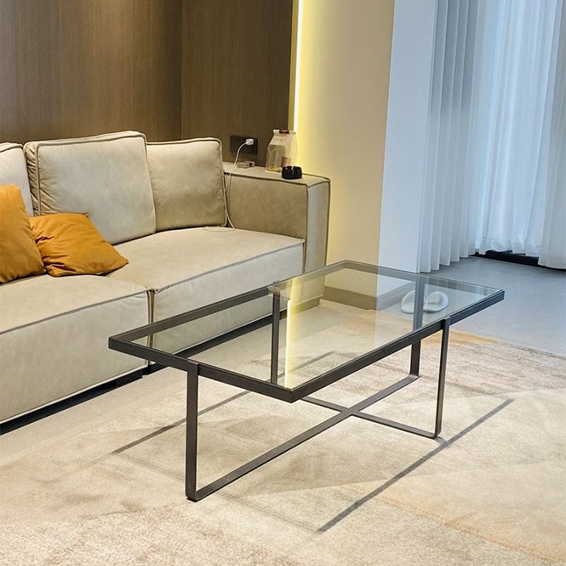Contemporary Rectangle Glass Top Coffee Table with Steel Cross Base