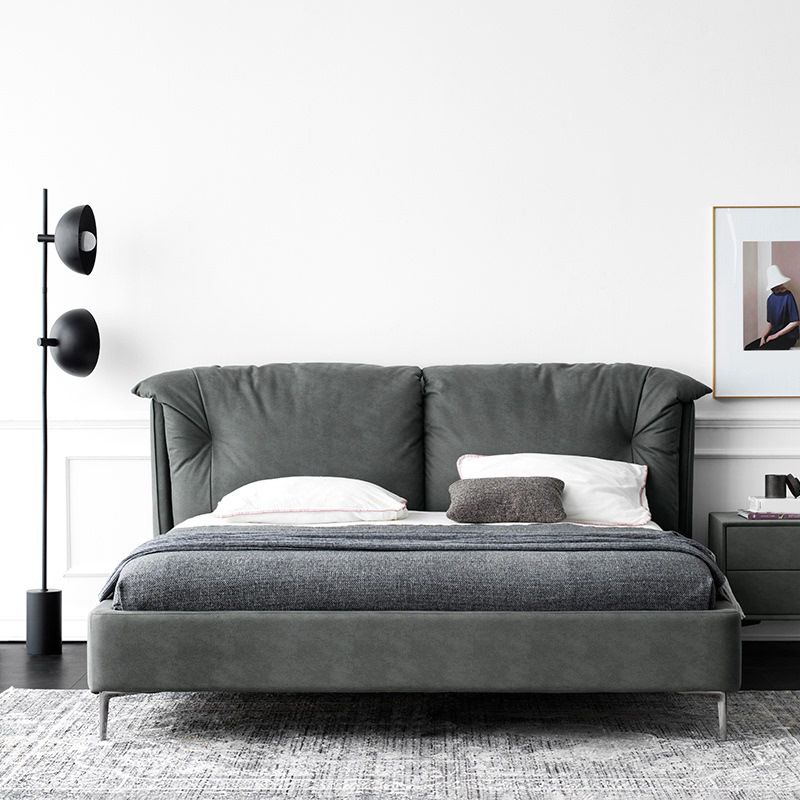 Grey Standard Bed with Rectangular Panel Headboard and Metal Legs