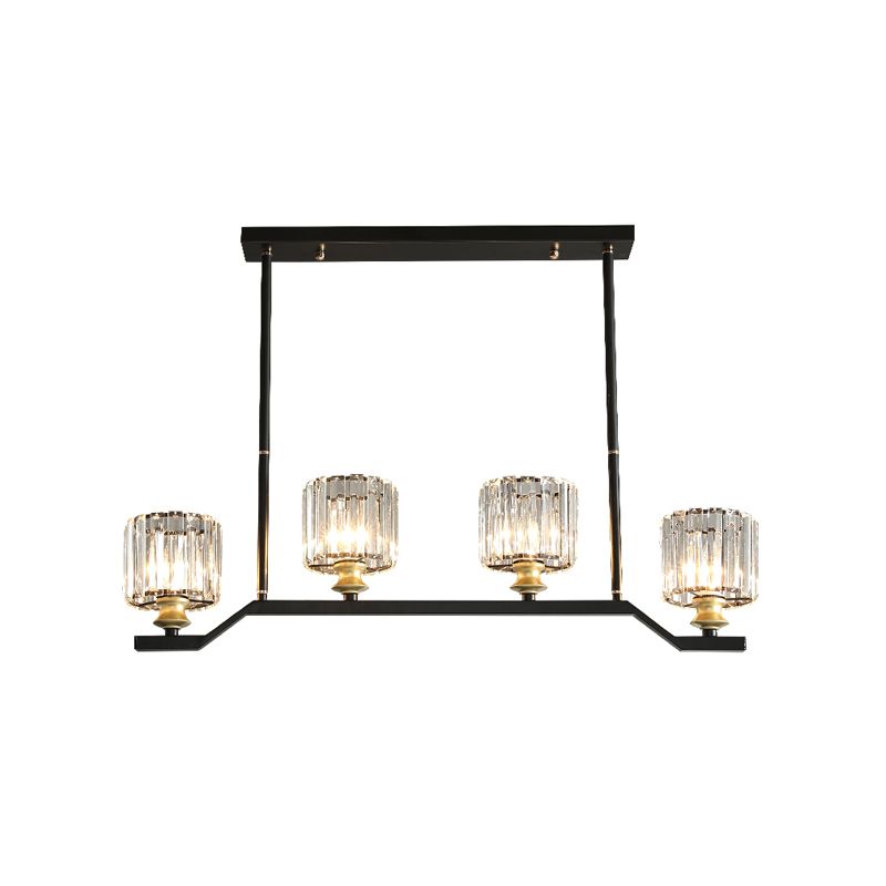 Clear Crystal Cylinder Island Pendant Light Modern 3/4 Lights Island Lighting in Black for Indoor