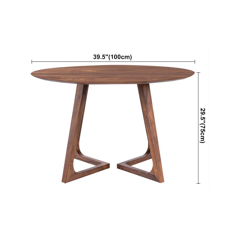 Round Modern Dining Table Brown Solid Wood Table with Double Pedestal Base