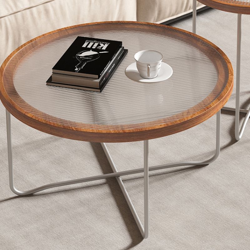 Round Glass Top Coffee Table Set Frame Cocktail Table with Wood Accent