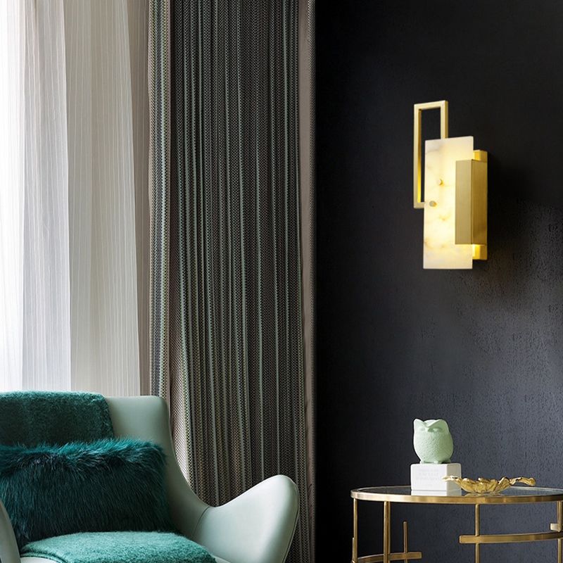 Modern Brass Wall Light Gold Geometric Wall Sconce with Mica for Bedroom
