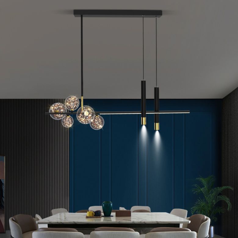 Glass Contemporary Hanging Lights Black Linear Island Lighting Fixture for Dining Room