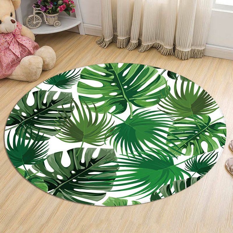 Green Leaves Pattern Rug Modern Fresh Round Carpet Flannel Non-Slip Backing Rug for Living Room