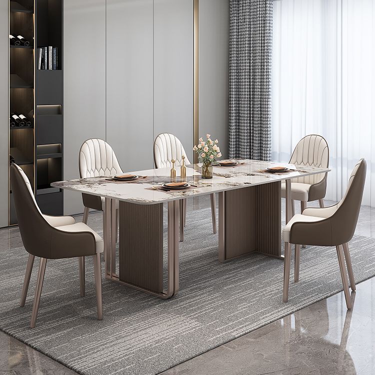 Fixed Minimalist Sintered Stone Top Kitchen Table Set of Brown Tone for Dining Room