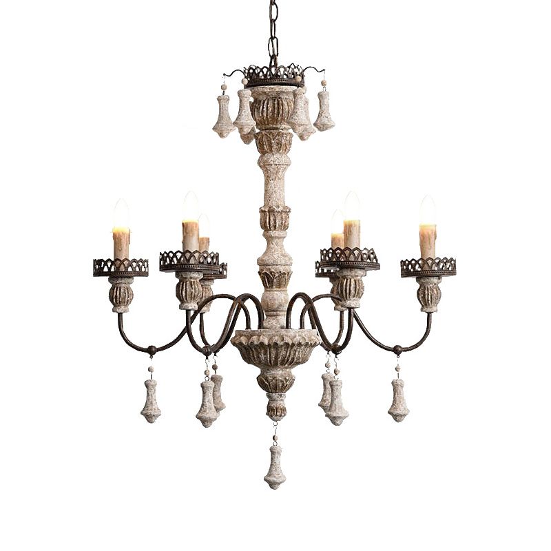 Metal Curvy Arm Chandelier Classic 6 Bulbs Living Room Pendant Lamp in Distressed Wood