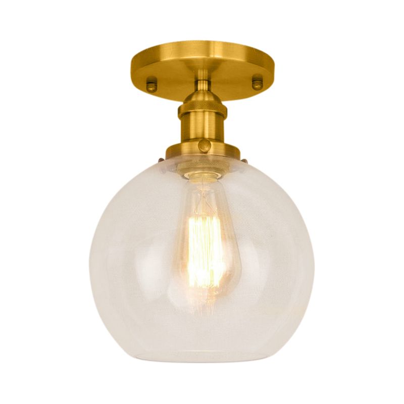 Plafonnier sphérique semi-affleurant industriel en verre transparent, une lumière, noir/laiton/cuivre, pour balcon