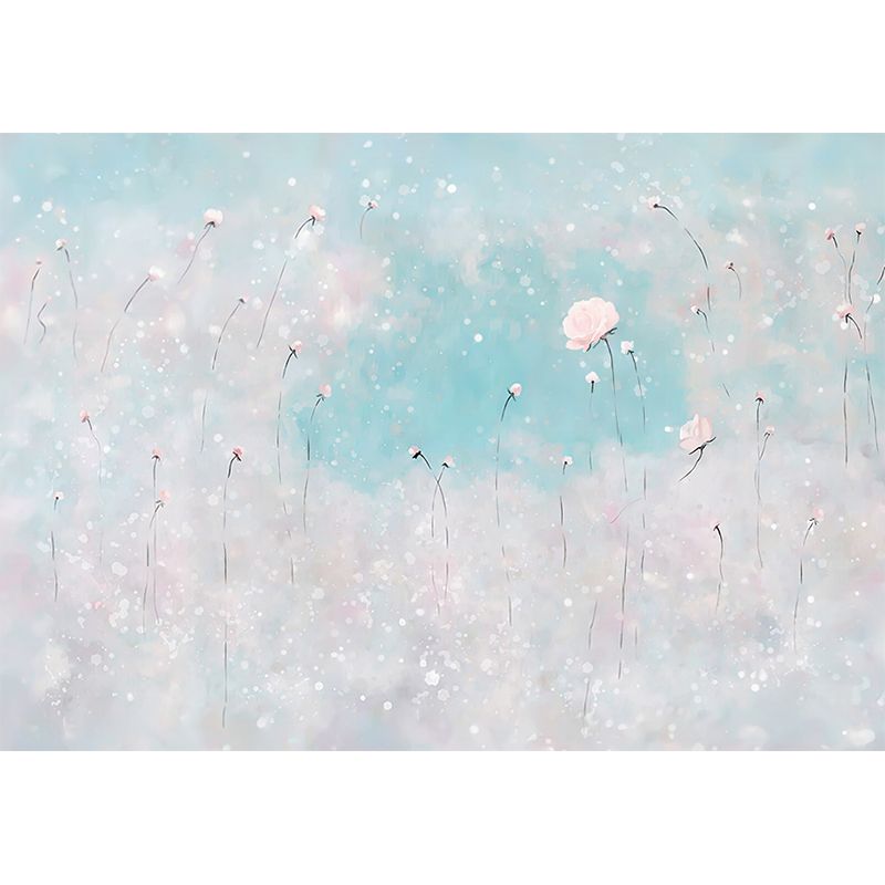 Illustration Flowers Wall Paper Murals for Bedroom, Pink and Blue, Personalised Size