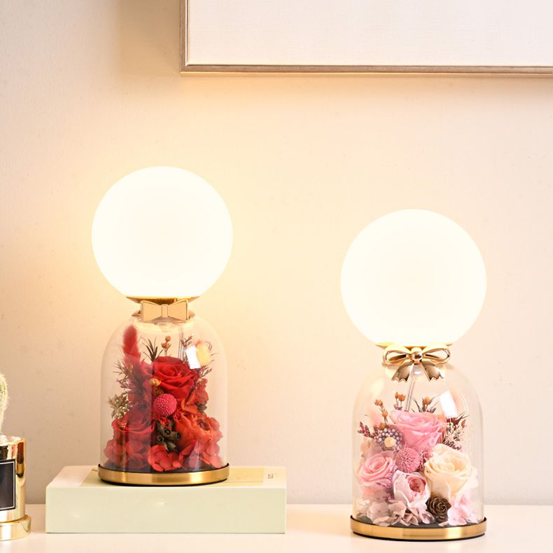 White Glass Newlywed Nightstand Lamp Modern 1-Bulb Gold Table Light with Flower Decor