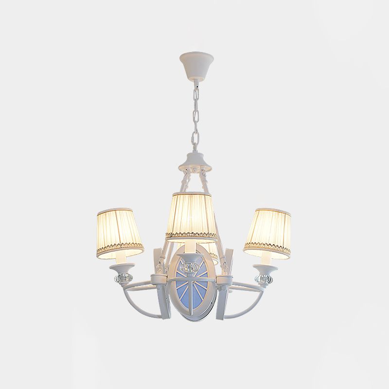 White Bucket Chandelier Lamp Mediterranean 4 Lights Fabric Drop Pendant with Oval Resin Design