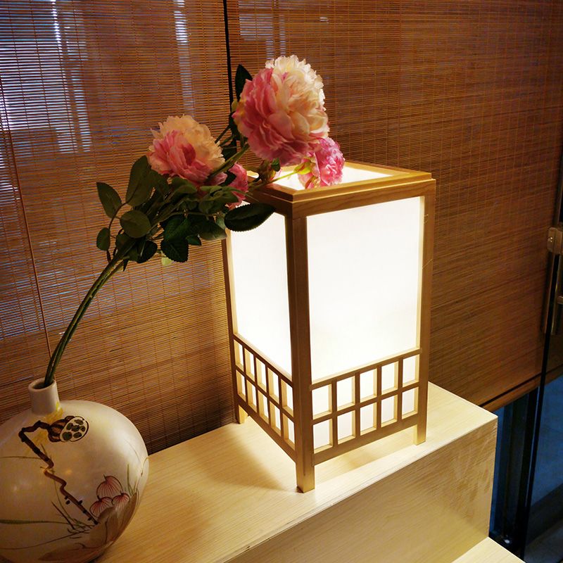 Wood Rectangular Task Light Chinese 1 Bulb Small Desk Lamp in Beige for Restaurant