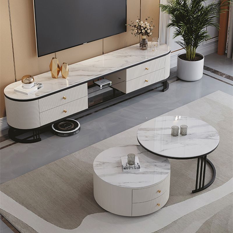 Frame Coffee Cocktail Table with Storage Drawers Round Slate Top