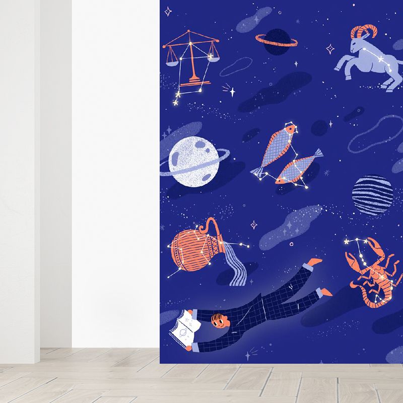 Contemporary Boy Mural Wallpaper Starry Night View and Planet Purple Wall Covering