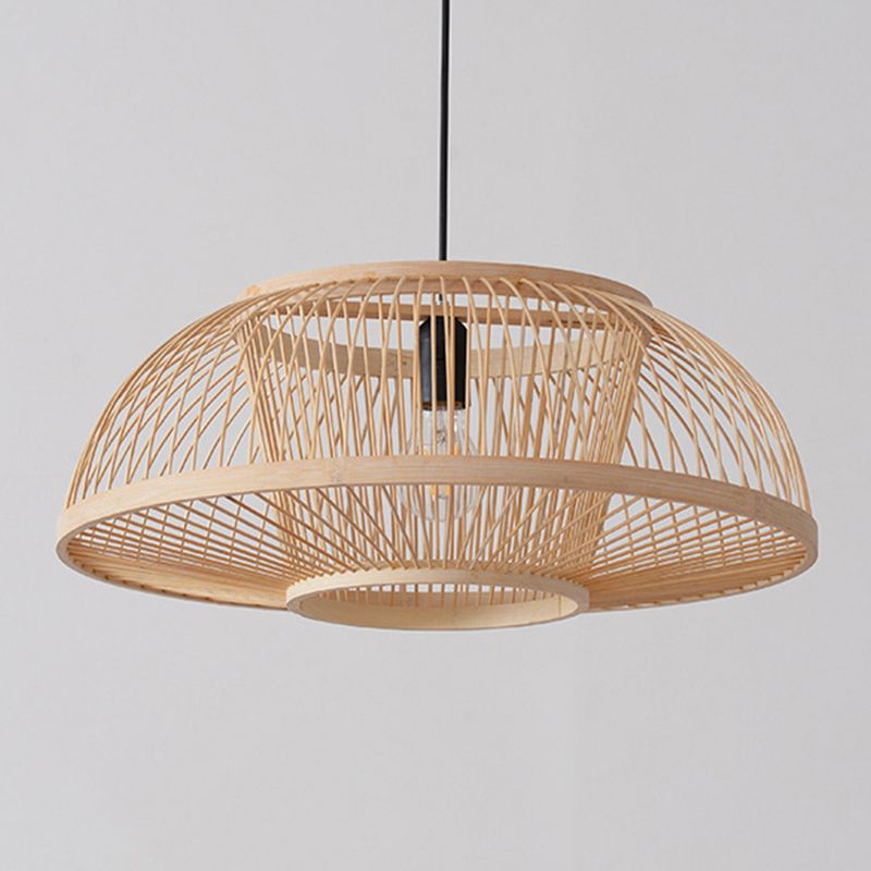1-Light Bamboo Japanese Pendant Light Beige Down Lighting for Dining Room