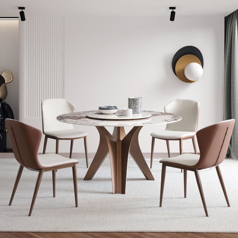 Nordic Sintered Stone Table Set of 5/7 with Rotatable Round Table Dining Set with Leather Chairs