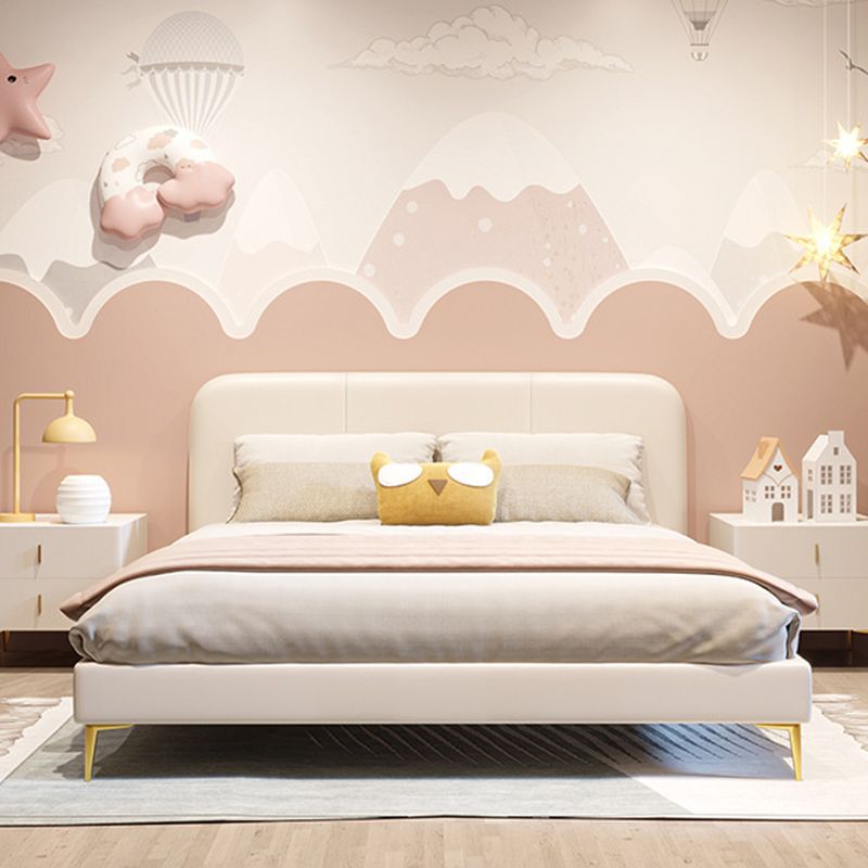 Glam Genuine Leather Bed Frame White Upholstered Low Profile Standard Bed