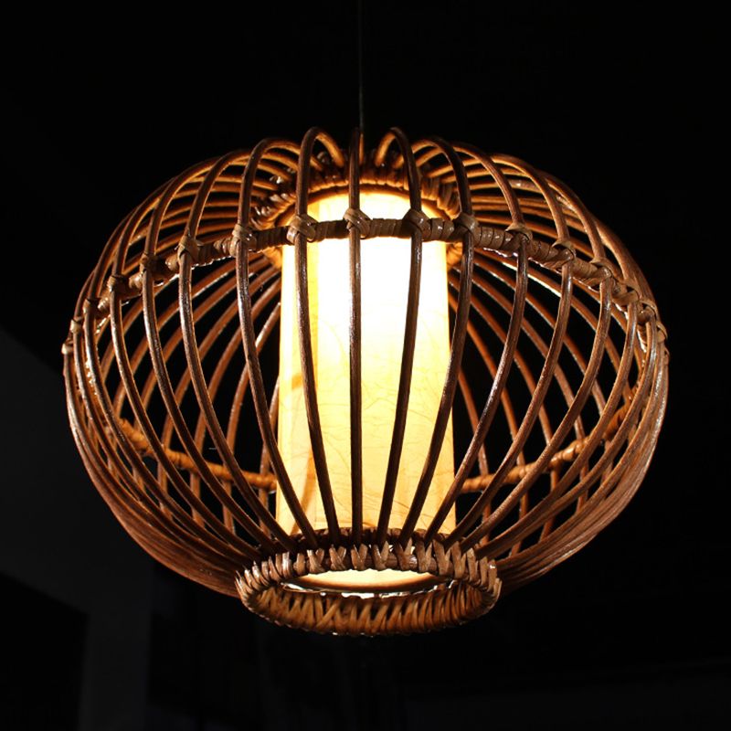 Bamboo Lantern Ceiling Light Asian 1 Bulb Brown Pendant Lighting Fixture with Inner Cylinder Parchment Shade