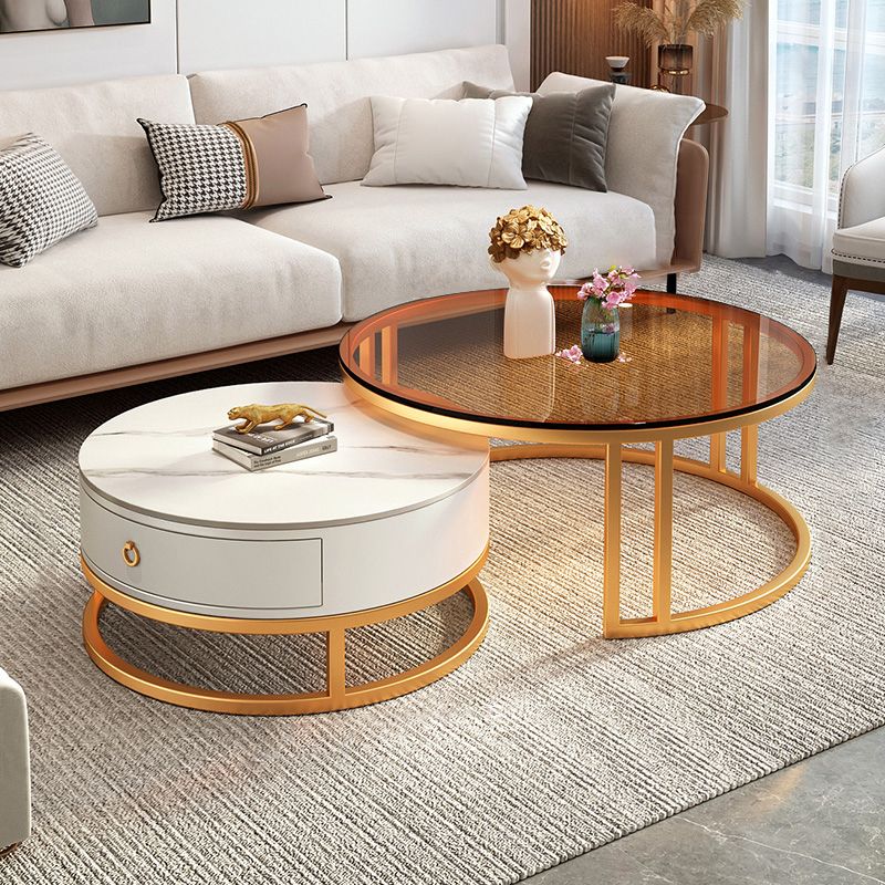 Round Nesting Coffee Table Set Frame Glass Coffee Table with Drawer