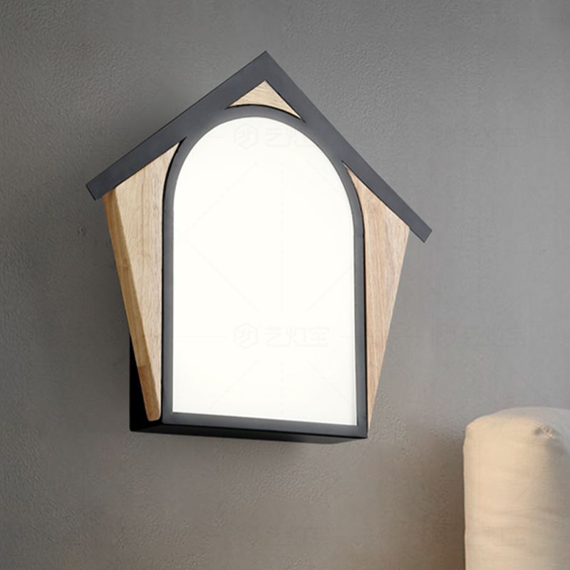 House Shape Metal Sconce Light Fixture Nordic Style Wood and Black LED Wall Lighting Idea