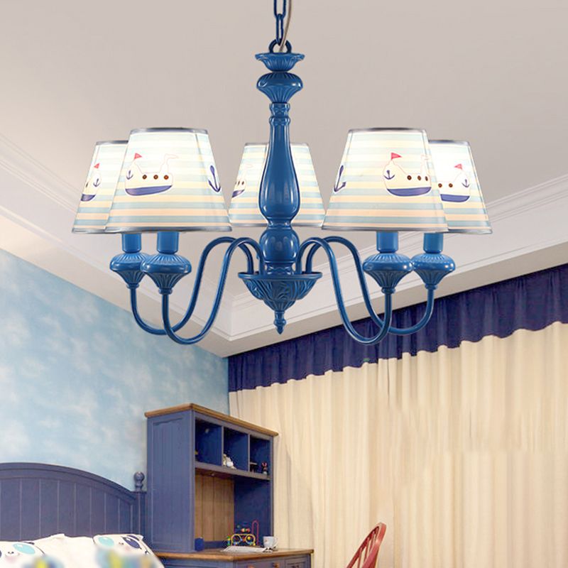Modern Empire Shade Ceiling Lighting Patterned Fabric 5 Heads Child Room Chandelier Light Fixture in Blue
