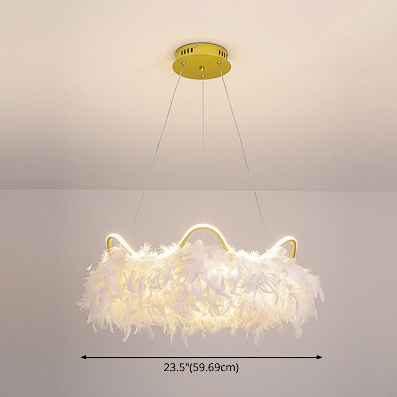 Crown Shaped LED Chandelier Minimalist Feather White Hanging Light for Kids Bedroom
