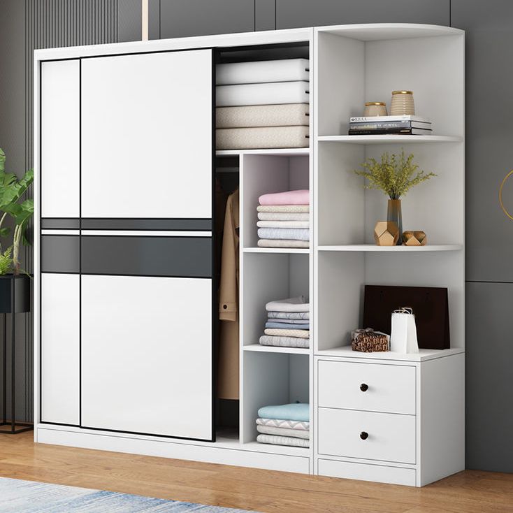 Contemporary Style Wooden Wardrobe White Colour Cloth Rod Included Wardrobe Closet