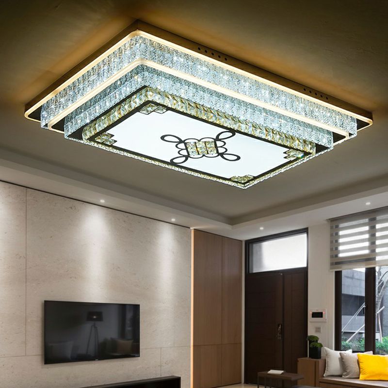 Contemporary Rectangle LED Flush Mount K9 Crystal Living Room Ceiling Light Fixture in Clear