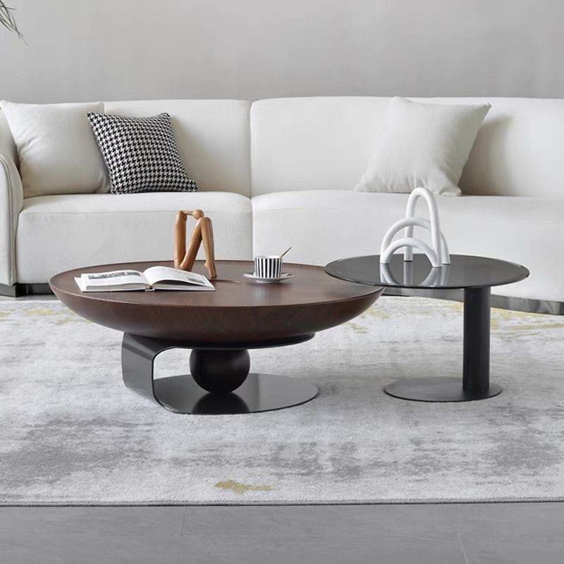 Modern Style Wood Walnut/black Top Stainless Steel Base Round Coffee Table