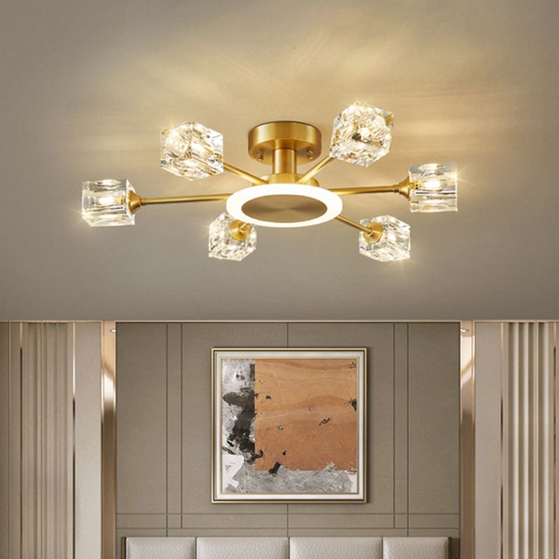 Square Crystal Shade Semi Flush Mount in Modern Luxury Style Sputnik Metal Ceiling Light for Living Room