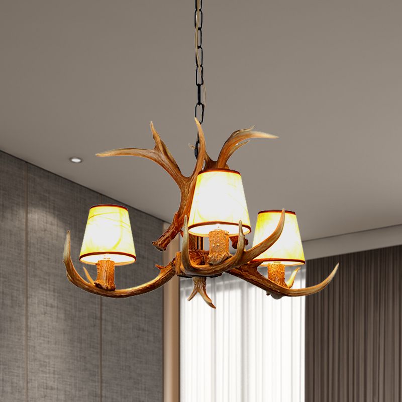Cone Resin Pendant Lighting Traditional 3/5/6-Bulb Living Room Chandelier Light with Deer Antler in Khaki