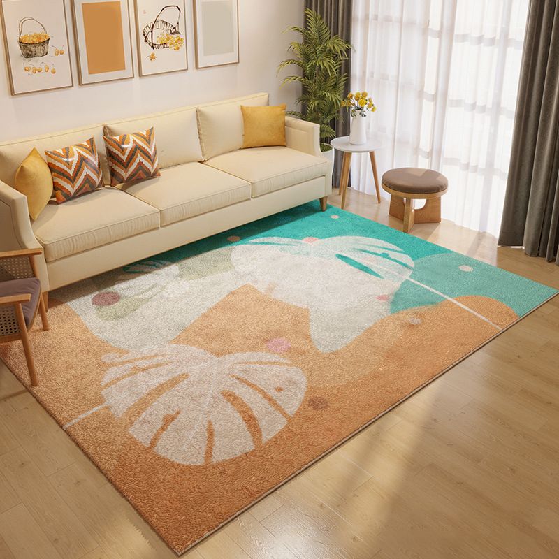Casual Orange Rug Polyester Plants Rug Washable Rug for Living Room