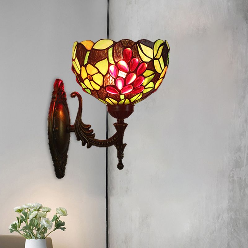 Bowl Shaped Wall Sconce Lighting Tiffany Style Hand Cut Glass 1 Head Brass Flower and Grape Wall Light Fixture