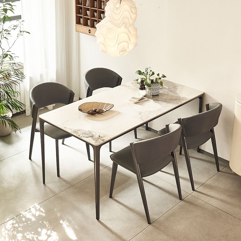 Modern Minimalist White Stone Top Black Base Dining Room Table with 4 Legs Base
