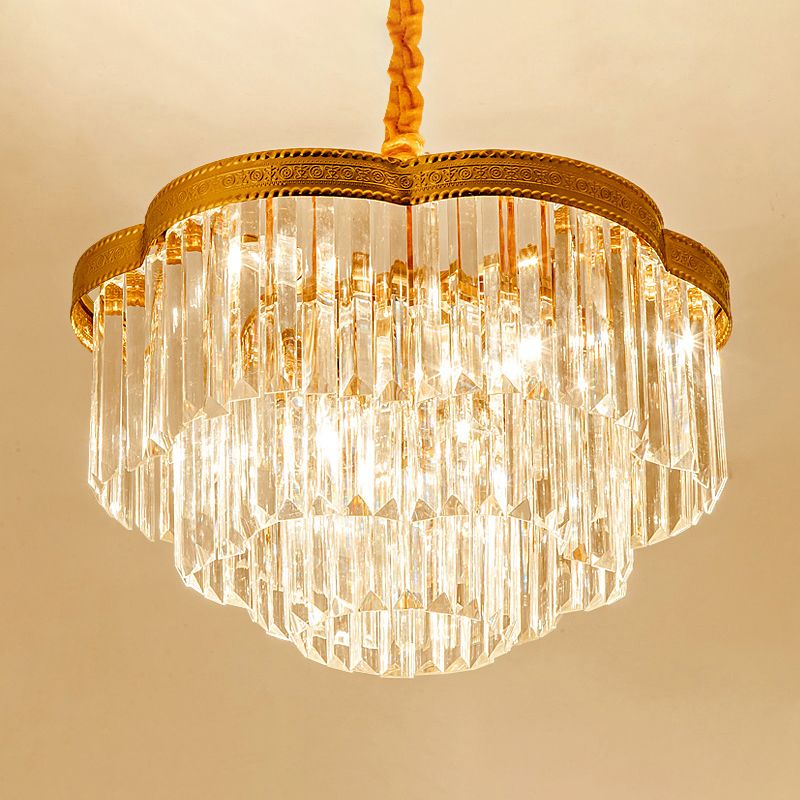 Brass Floral Layers Pendant Lamp Postmodern Crystal Prism Chandelier Light for Dining Room