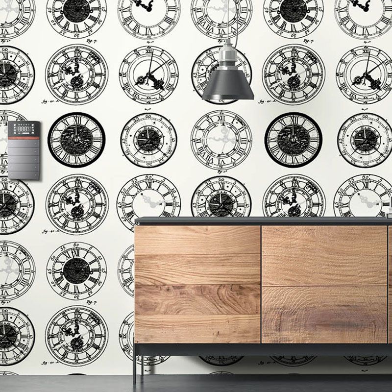Non-Pasted Wallpaper Roll with Black and White Wall Clock, 33'L x 20.5"W