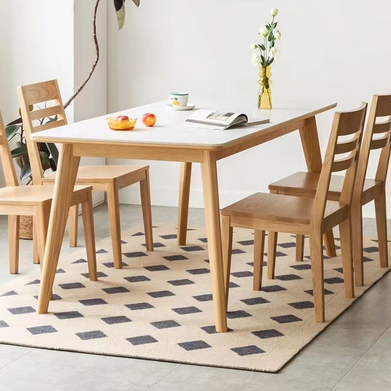 Modern Rectangular White Stone Top Dining Table with 4 Natural Oak Legs