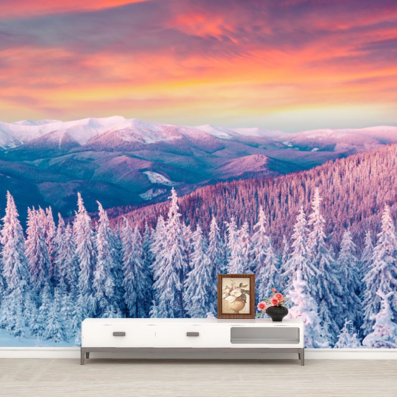 Orange Evening Glow Wall Mural Snowy Cypress Mountains Modern Waterproof Wall Covering